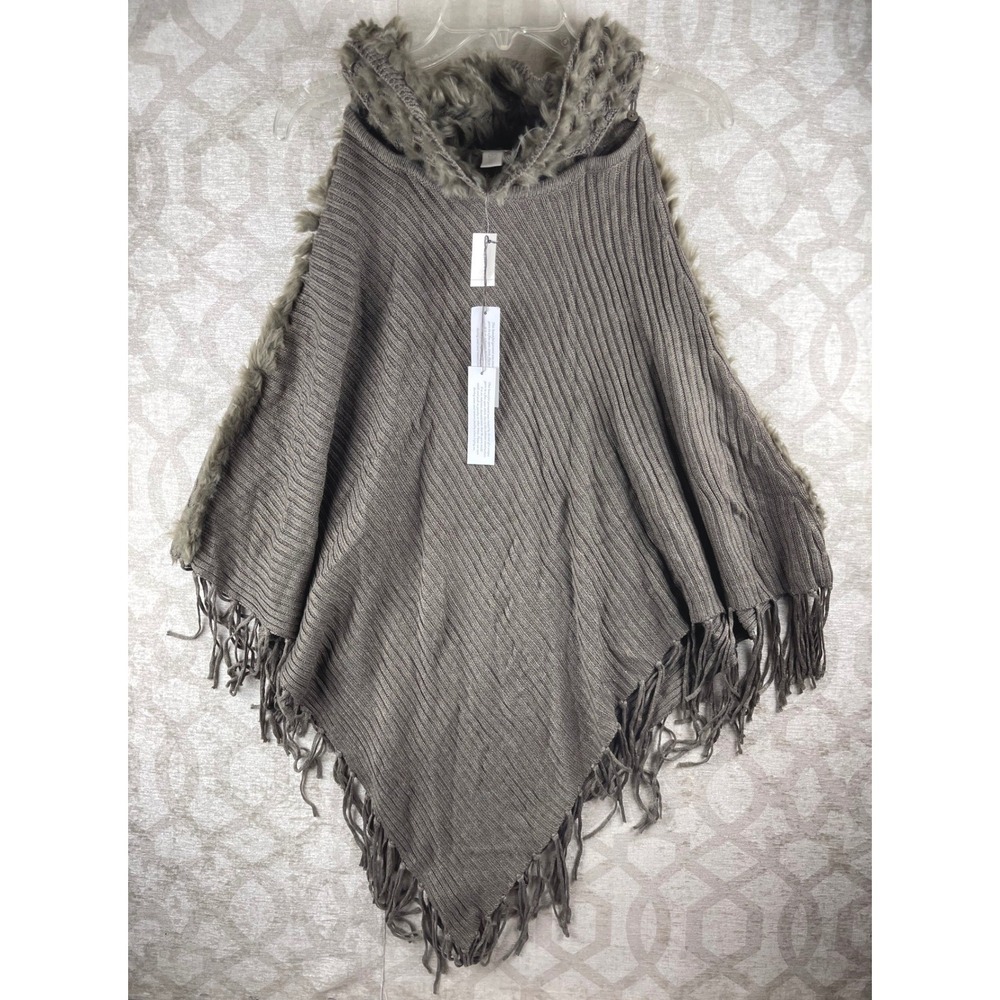 Chico's Faux Fur Collar Poncho Women OS Taupe NWT Ribbed Fringe Knit Fall Winter